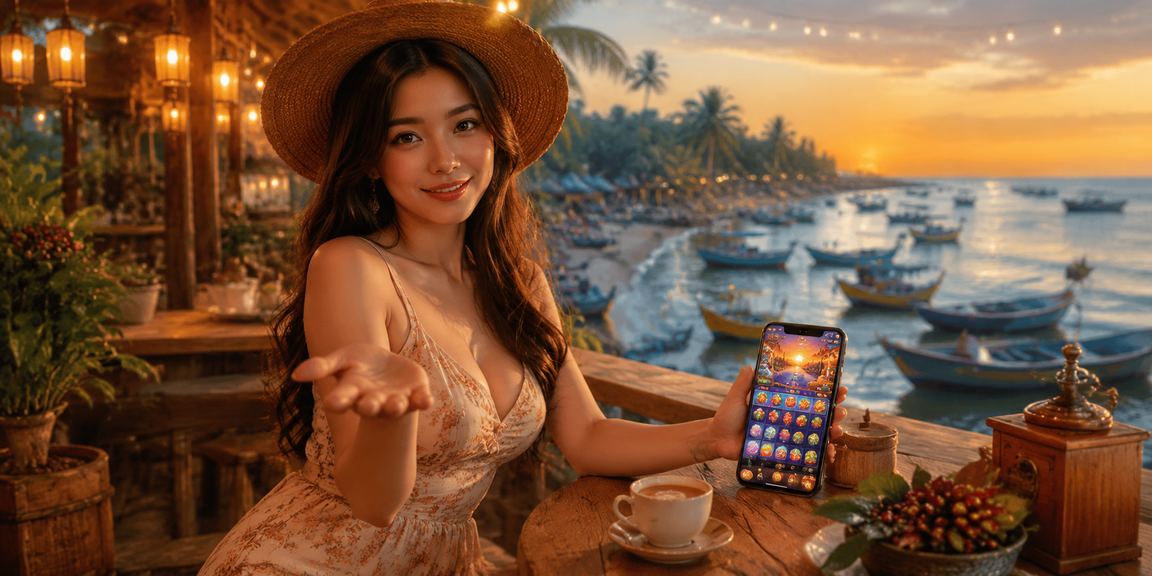 Người dùng chơi casino mobile tại quán cà phê Mũi Né trên điện thoại Android